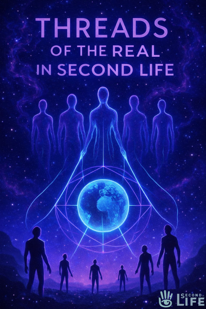 Threads of the Real in Second Life logo showing silhouetted figures gathered around a glowing portal, with the Second Life hand icon and the text Threads of the Real in Second Life